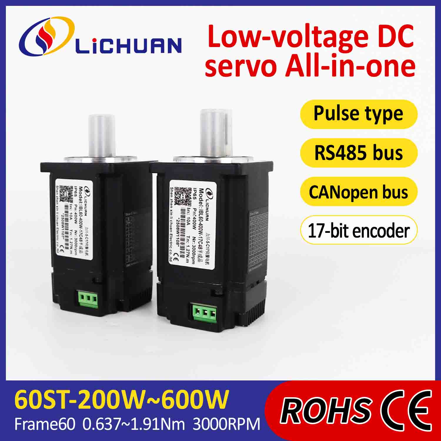 Lichuan zintegrowane serwomotory sterownik impulsowy/RS485/CANopen sterowanie 400W 1,27N.m DC24/48V 6/10/12/15A 3000 obr./min IP65