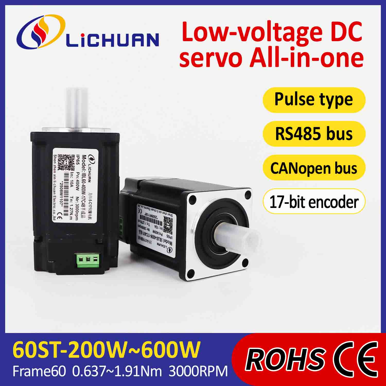 Zintegrowane serwomotory Lichuan Sterowanie impulsowe/RS485/CANopen 600 W 1,91 N.m DC24/48 V 6/10/12/15A 3000 obr./min IP65