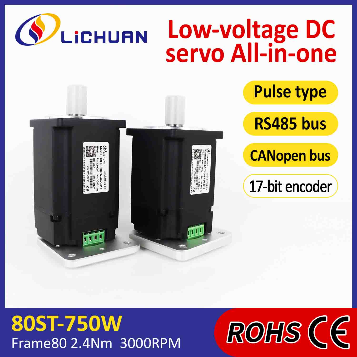 Zintegrowane serwomotory Lichuan Sterowanie impulsowe/RS485/CANopen 750 W 2,4 N.m DC48V 20/25 A 3000 obr./min IP65